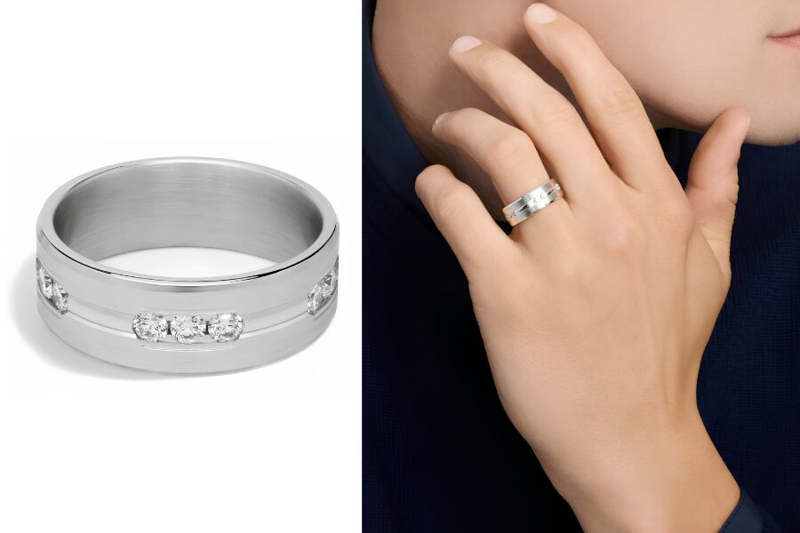 Trio Stationed Channel Set Diamond Wedding Ring In 14K White Gold 8 Mm 1 1/6 Ct Tw
