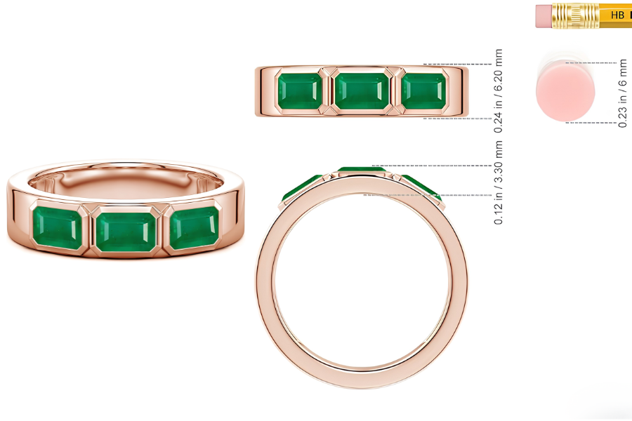 Men's Platinum Natural East-West Emerald Three Stone Ring