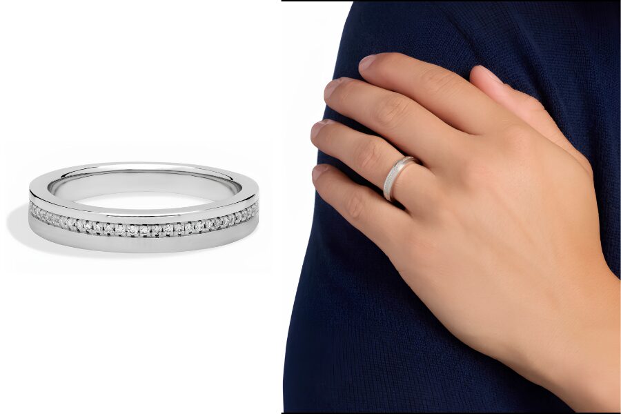 Mens Diamond Pave Edge Wedding Ring In 14K White Gold 1/6 Ct Tw