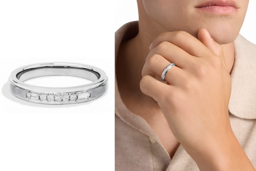 Mens Princess And Baguette Diamond Wedding Ring In 14K White Gold 1/5 Ct Tw
