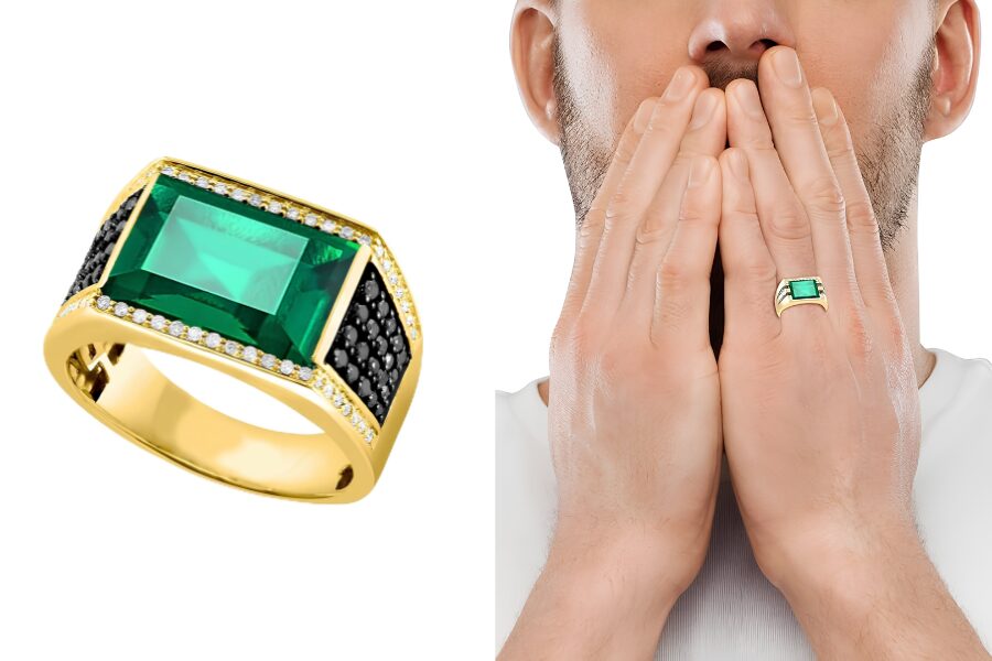 Yellow Gold Square Created Emerald Men's Signet Ring