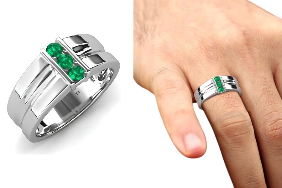 14K Gold Emerald Three Stone High Polished Men Wedding Band