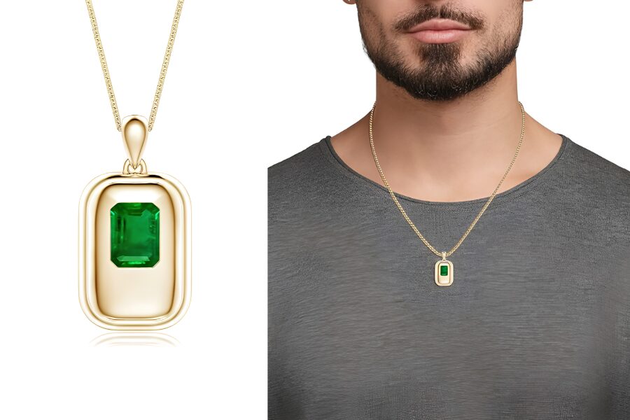 Yellow Gold Lab Grown Emerald Men's Tag Pendant