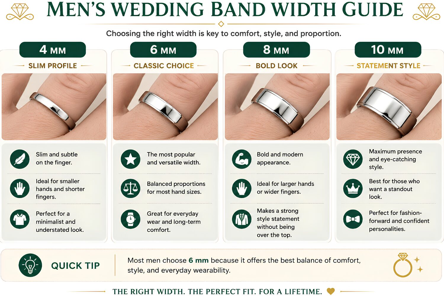 Men's wedding band width guide infographic comparing 4 mm, 6 mm, 8 mm, and 10 mm ring widths, showing how each width looks on the finger and the type of wearer it best suits.