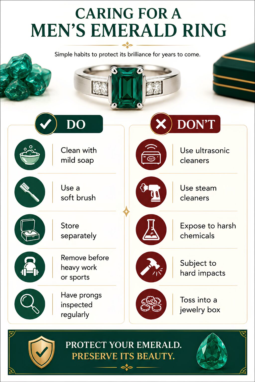 Infographic explaining how to care for a men's emerald ring, including safe cleaning, storage, impact protection, and methods to avoid.