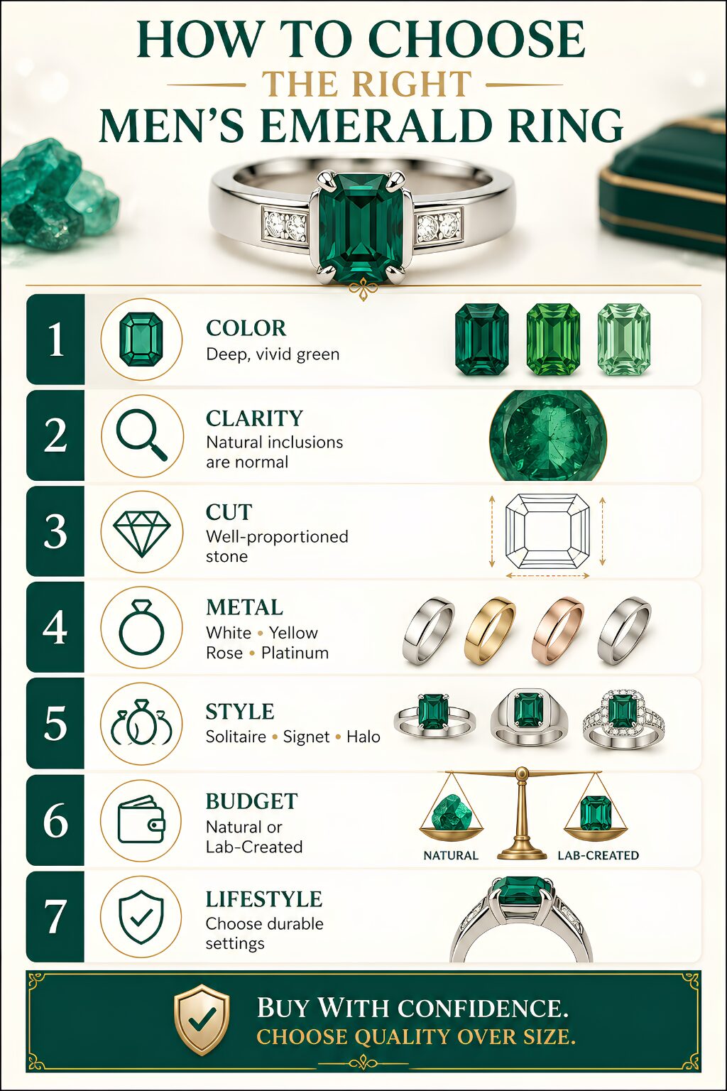 Infographic showing how to choose the right men's emerald ring based on color, clarity, cut, metal, style, budget, and lifestyle.
