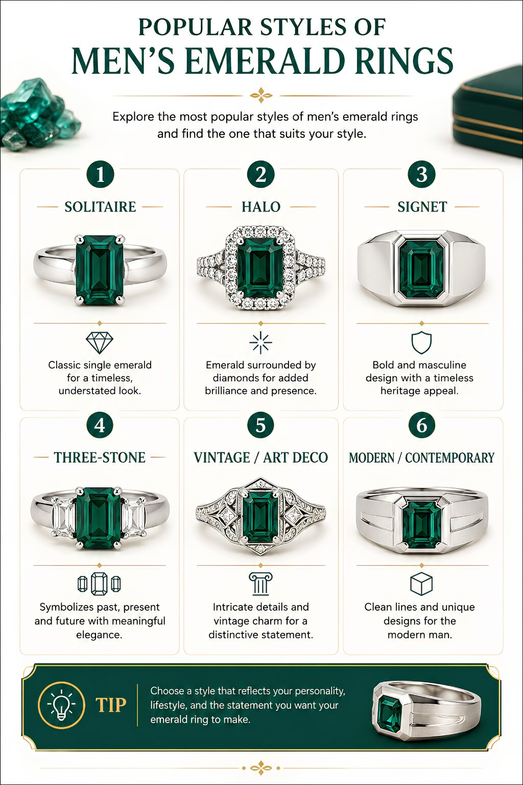 Infographic comparing six popular styles of men's emerald rings: solitaire, halo, signet, three-stone, vintage Art Deco, and modern contemporary.