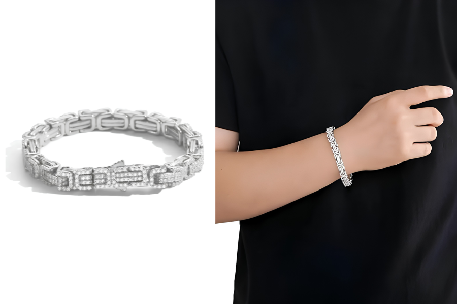 Mens Micro-Inlaid Zircon Stainless Steel Byzantine Chain Bracelet
