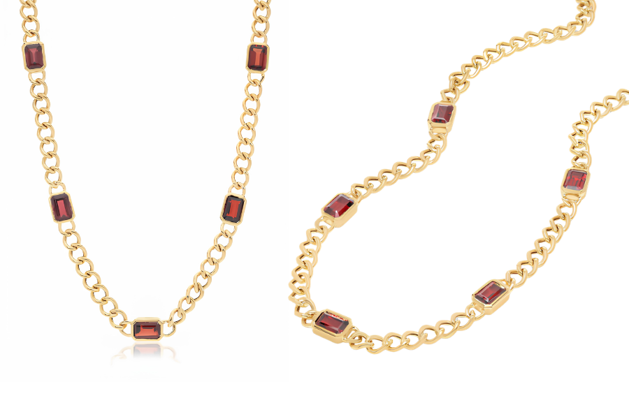 14K Yellow Gold Emerald Cut Garnet Curb Chain Necklace