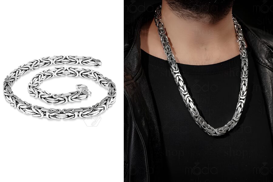 Men's Sterling Silver 10mm Box Bali Byzantine Chain Necklace