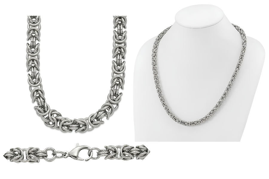Stainless Steel Polished 8mm Byzantine Link Necklace