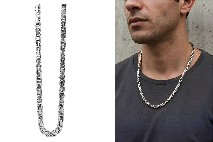 Men's Stainless Steel Byzantine Chain Necklace Antique Silver Finish