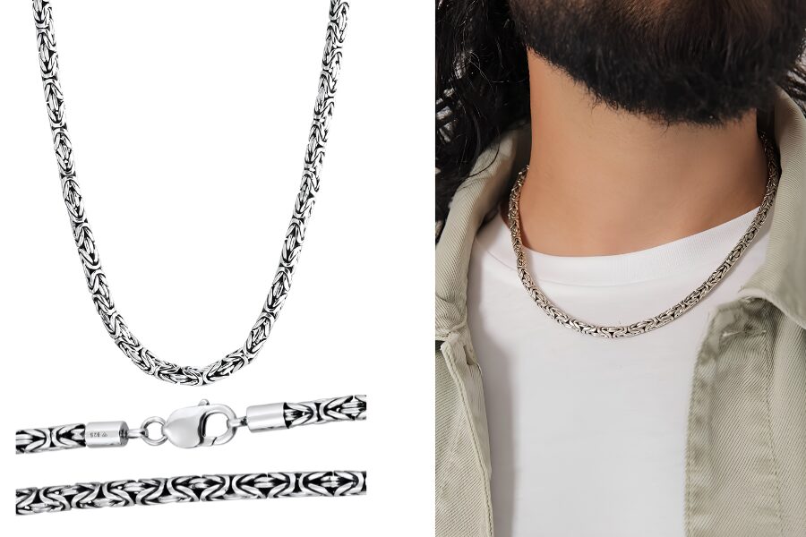 Men 925 Sterling Silver Byzantine Cuban Chain