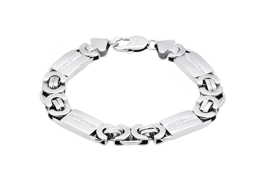 Mens Stainless Steel Flat Byzantine Link Chain Bracelet With Cubic Zirconia