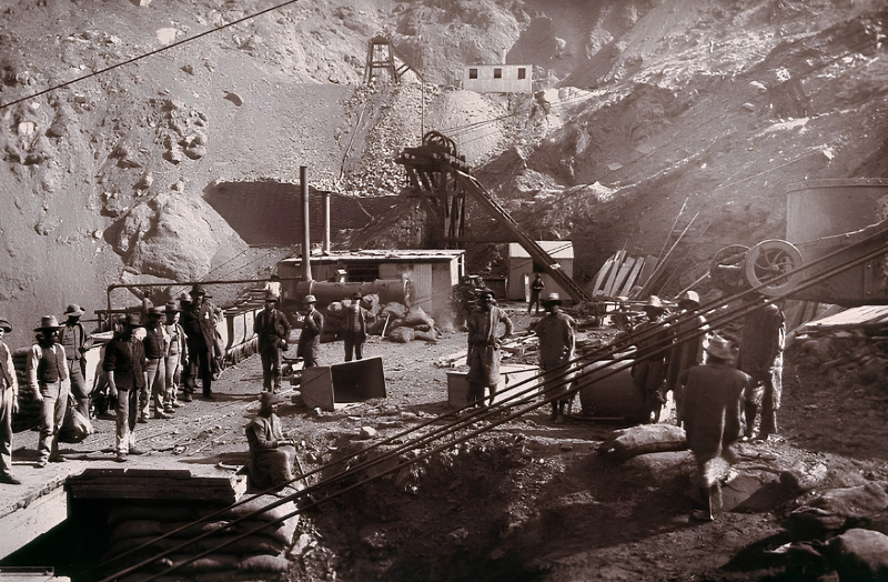 Miners around the Central Company's shaft at the Kimberley diamond mine in South Africa in 1888