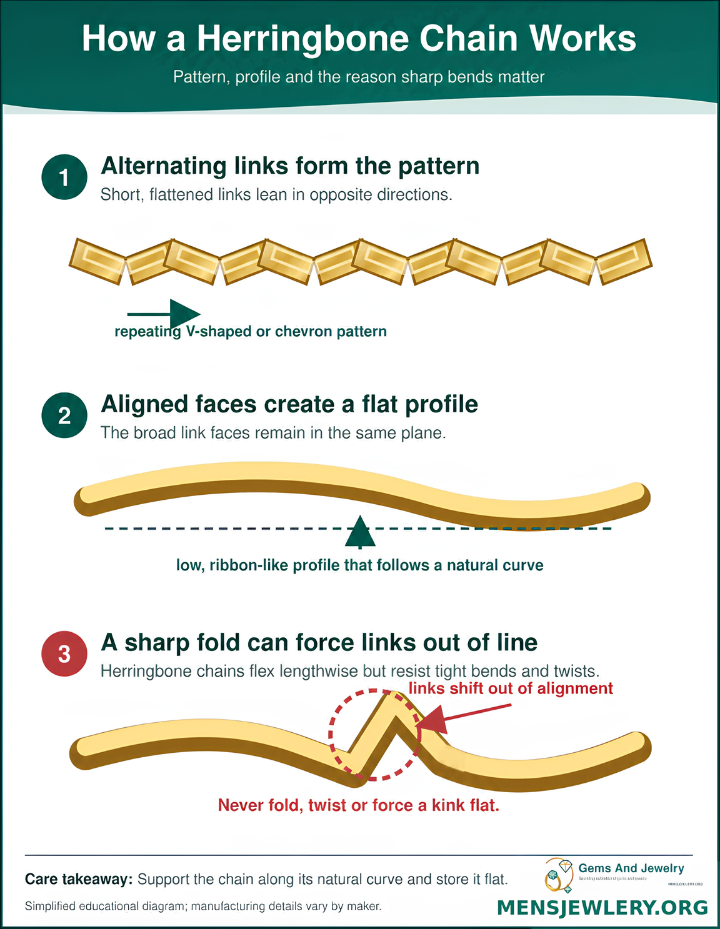Infographic explaining how alternating flattened links form a herringbone chain’s V-shaped pattern, why the chain lies flat and how sharp bending can cause a kink.